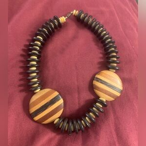 Wooden Beaded African Necklace with Striped Accents